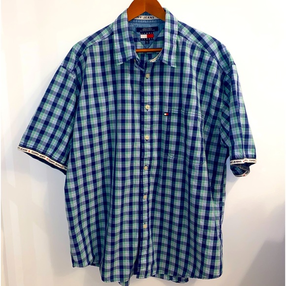 Tommy Hilfiger Tommy Jeans Short Sleeve Button Up Shirt, Blue/green, sz XXL - Picture 1 of 10